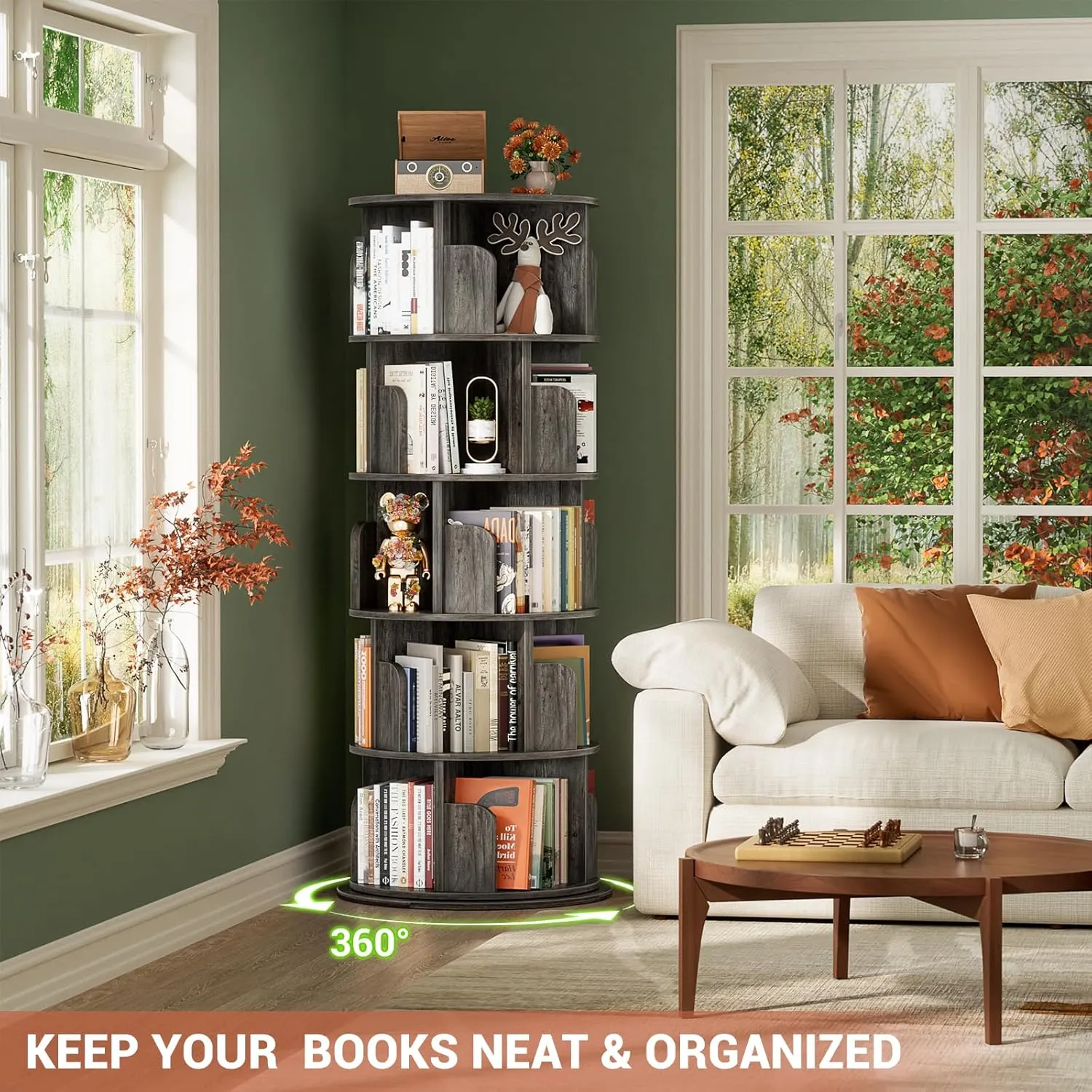 Rotating Bookshelf Tower, 5 Tier Spinning Bookcase, Revolving 360 Book Shelf Narrow Tall Bookcase, Vertical Turning Round Bookshelf Organizer, Wood Corner Book shelf for Small Space, Black Oak