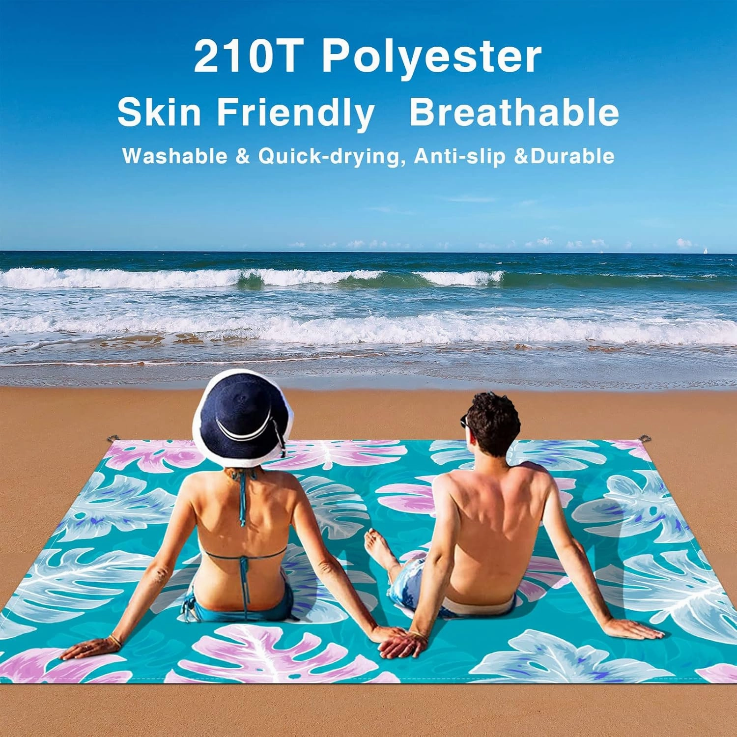 Sandproof Waterproof Beach Mat, 83" x 79", Ocean Blue, Compact, Polyester, Single Layered Blanket, Ideal for Beach, Camping, Hiking, Picnic
