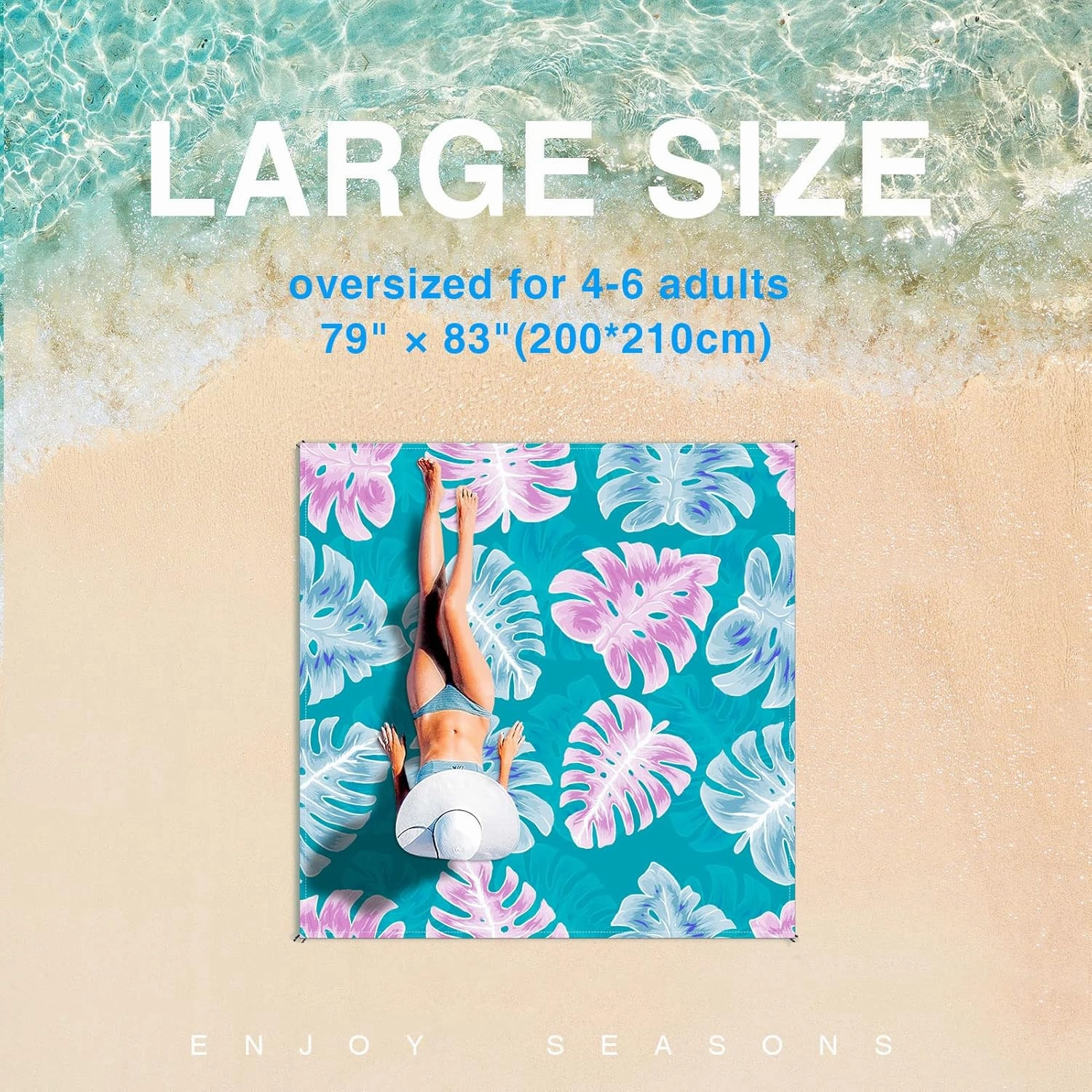 Sandproof Waterproof Beach Mat, 83" x 79", Ocean Blue, Compact, Polyester, Single Layered Blanket, Ideal for Beach, Camping, Hiking, Picnic
