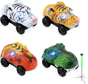 Save Unicorn Tracks Cars only Replacement, Racing Car Track Accessories for Tracks Glow in The Dark, Race Carswith 3 Flashing LED Lights, Compatible with Most Tracks for Kids Boys and Girls(4pack)