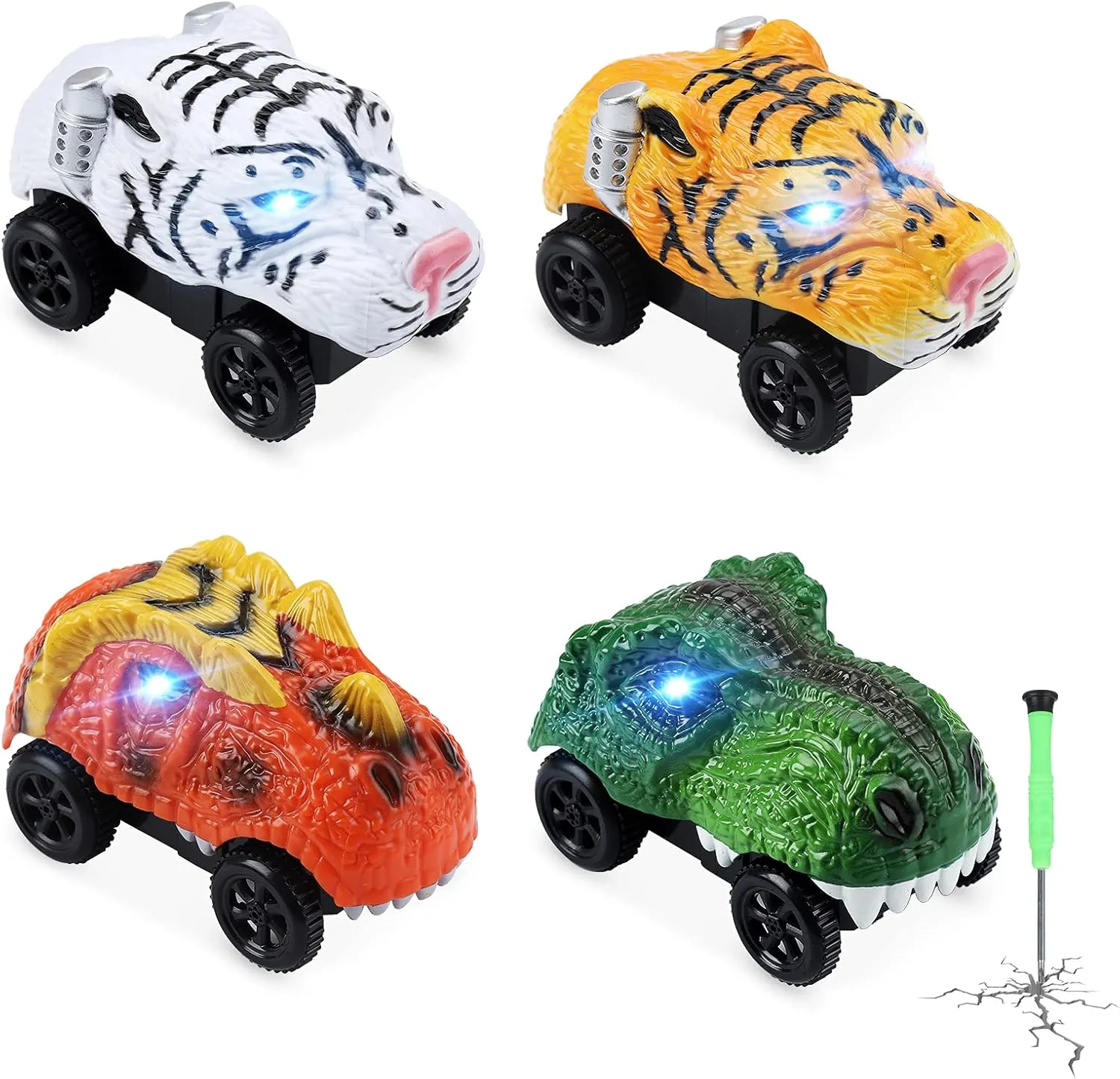 Save Unicorn Tracks Cars only Replacement, Racing Car Track Accessories for Tracks Glow in The Dark, Race Carswith 3 Flashing LED Lights, Compatible with Most Tracks for Kids Boys and Girls(4pack)