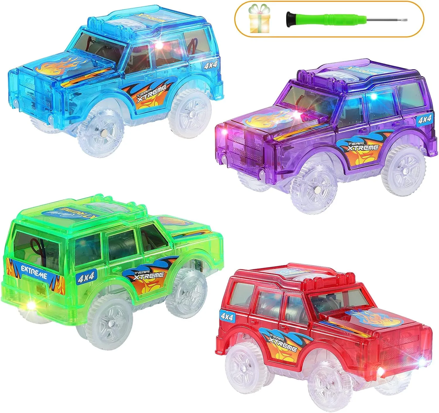 Save Unicorn Tracks Cars only Replacement, Toy Cars for Tracks Glow in The Dark, Car Tracks Accessories with 5 Flashing LED Lights, Compatible with Most Car Tracks for Kids Boys and Girls(4pack)