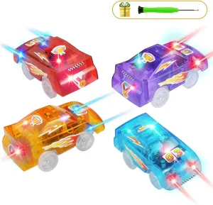 Save Unicorn Tracks Cars Replacement only, Toy Cars for Most Tracks Glow in The Dark, Car Track Accessories with 5 Flashing LED Lights, Compatible with Most Car Tracks for Girls Boys and Kids(4pack)