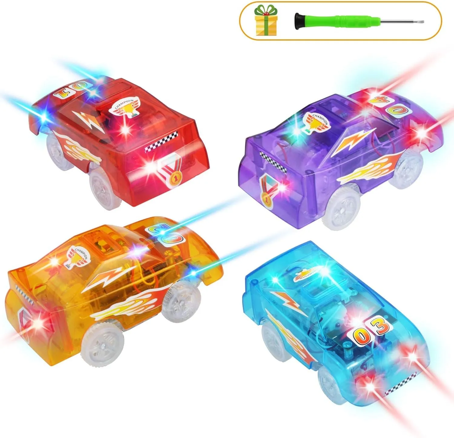 Save Unicorn Tracks Cars Replacement only, Toy Cars for Most Tracks Glow in The Dark, Car Track Accessories with 5 Flashing LED Lights, Compatible with Most Car Tracks for Girls Boys and Kids(4pack)
