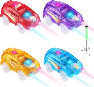 Save Unicorn Tracks Cars Replacement only, Toy Cars for Tracks Glow in The Dark, Magic Car Accessories with 5 Flashing LED Lights, Compatible with Most Tracks for Boys Girls and Kids(4pack)