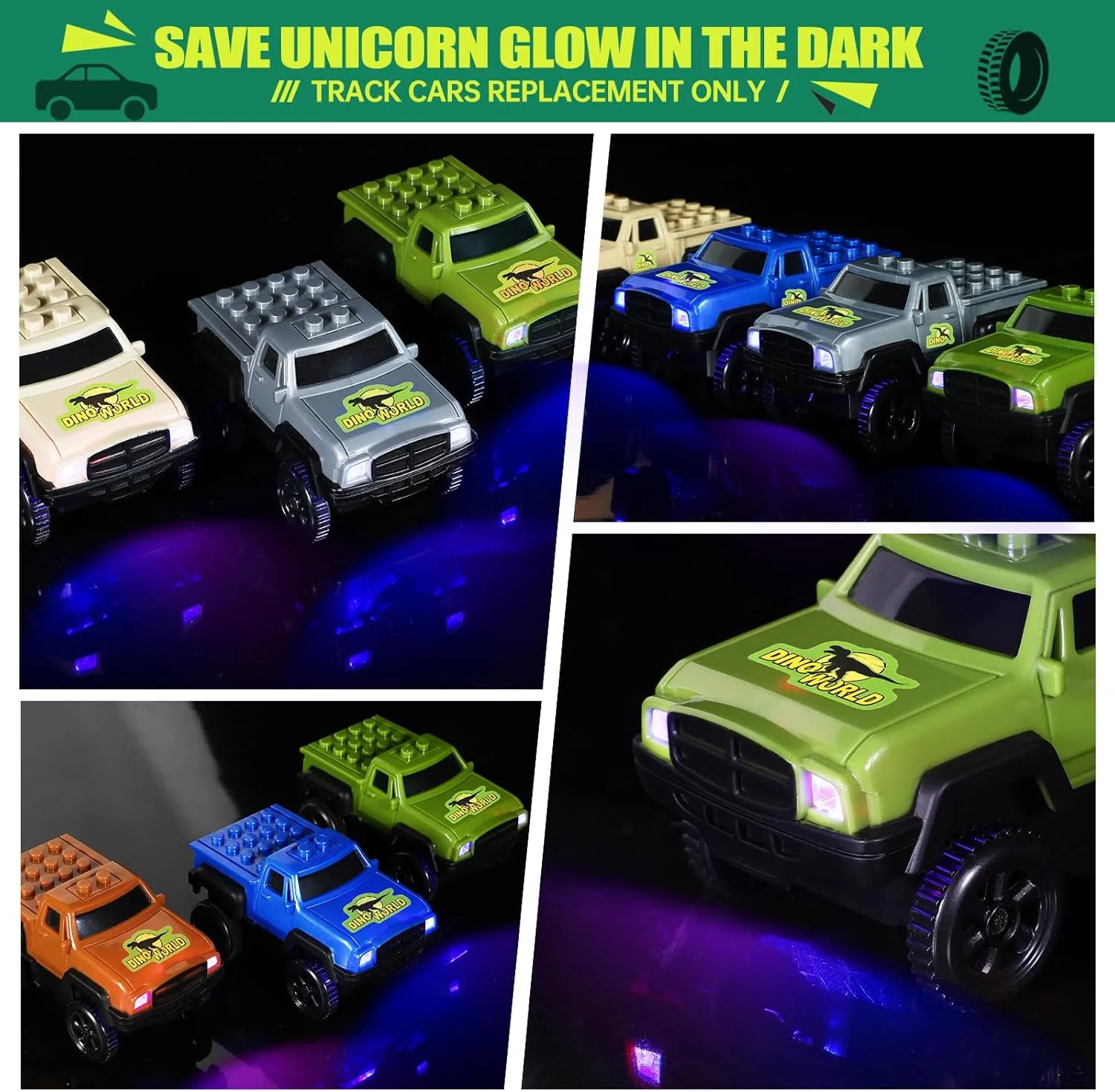 Save Unicorn Tracks Cars Replacement only,Track Cars for Tracks Glow in The Dark, Car Tracks Accessories with 3 Flashing LED Lights, Compatible with Most Car Tracks for Kids Boys Girl(5pack)