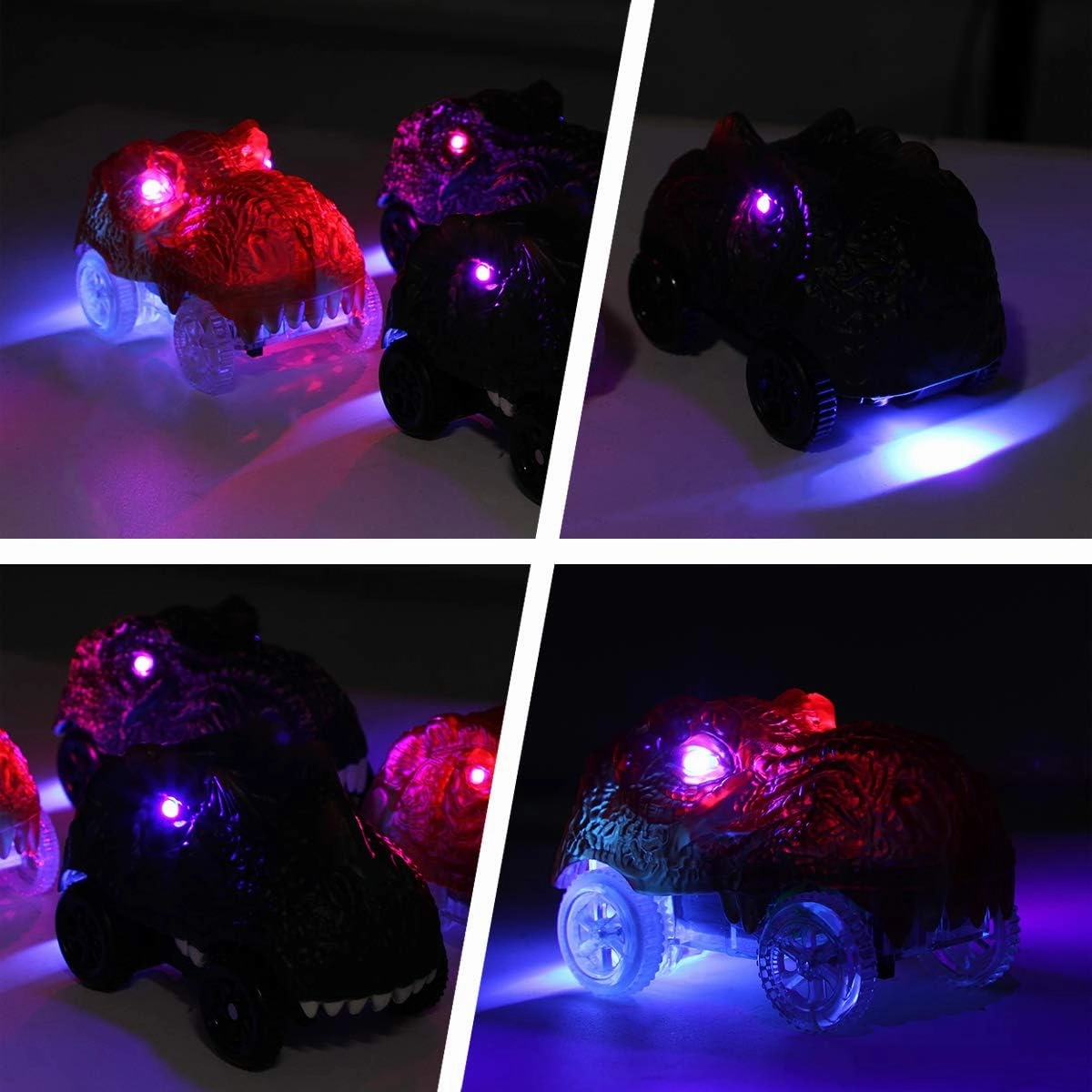 Save Unicorn Tracks Cars Replacement only, Dino Track Cars for Tracks Glow in The Dark, Car Tracks Accessories with 3 Flashing LED Lights, Compatible with Most Car Tracks for Kids Boys and Girl(4pack)
