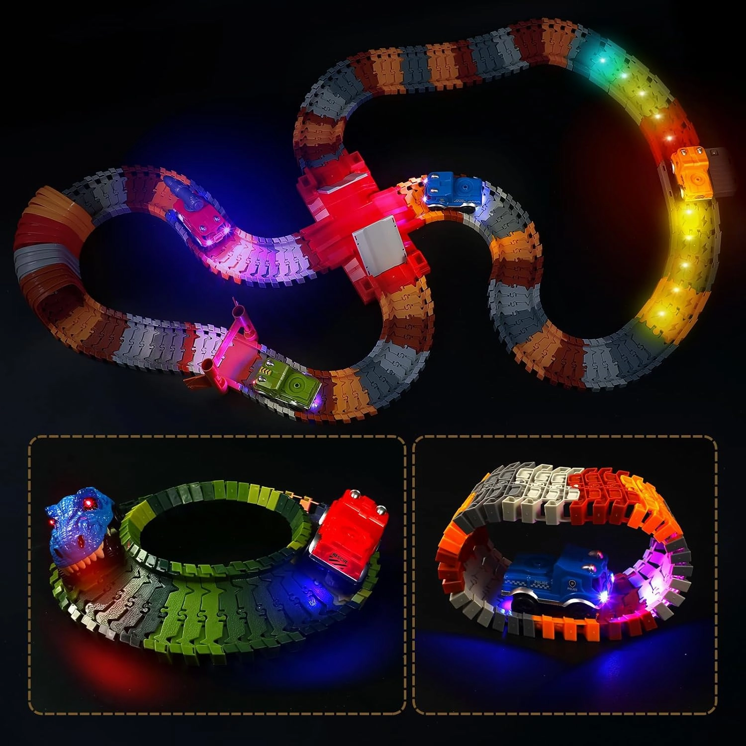 Save Unicorn Tracks Cars Replacement only, Dino Track Cars for Tracks Glow in The Dark, Car Tracks Accessories with 3 Flashing LED Lights, Compatible with Most Car Tracks for Kids Boys and Girl(4pack)
