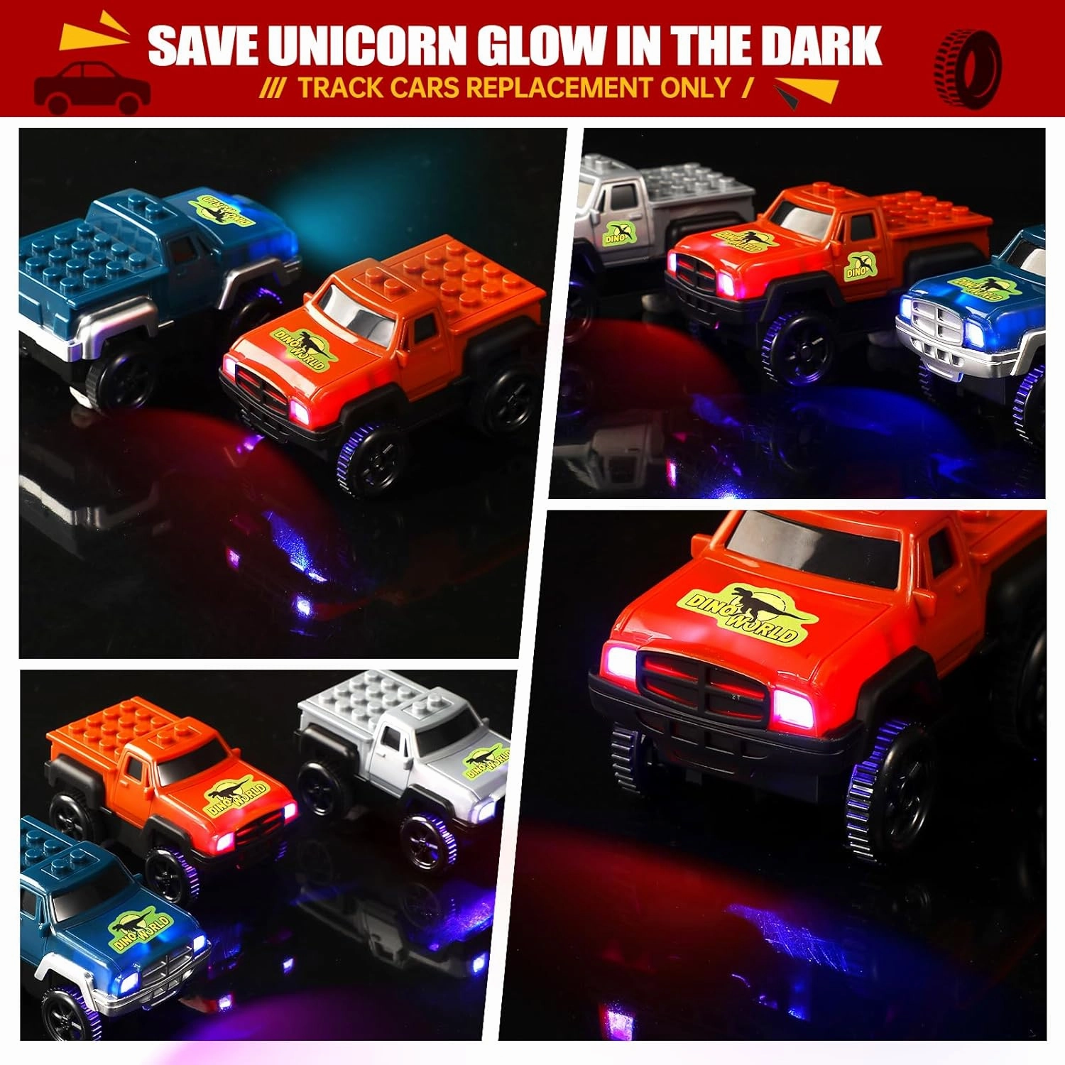 Save Unicorn Tracks Cars Replacement only, Dino Track Cars for Tracks Glow in The Dark, Car Tracks Accessories with 3 Flashing LED Lights, Compatible with Most Car Tracks for Kids Girl(4pack), Green3