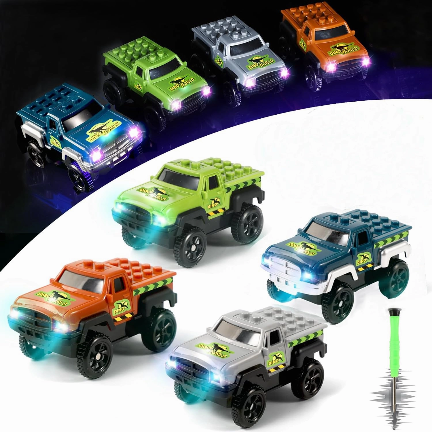 Save Unicorn Tracks Cars Replacement only, Dino Track Cars for Tracks Glow in The Dark, Car Tracks Accessories with 3 Flashing LED Lights, Compatible with Most Car Tracks for Kids Girl(4pack), Green3