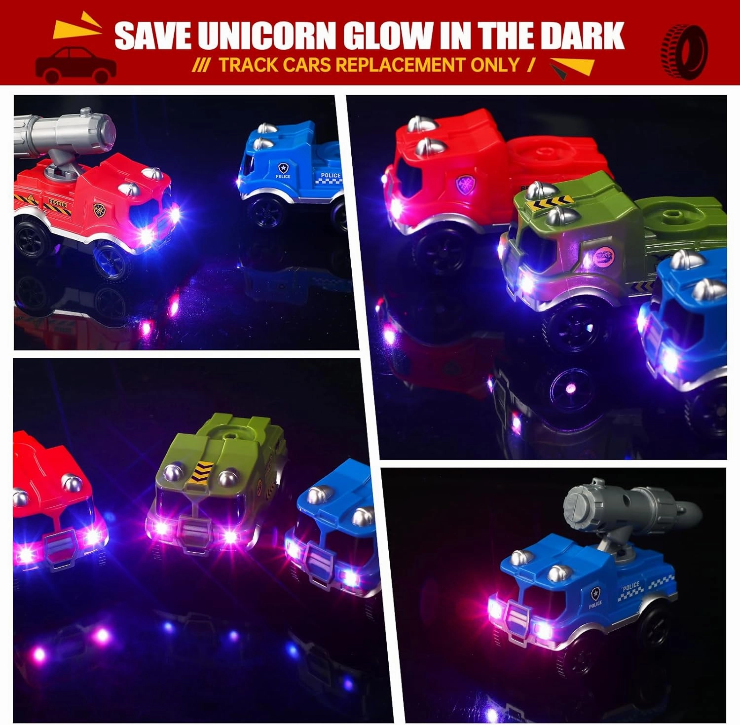 Save Unicorn Tracks Cars Replacement only,Track Cars for Tracks Glow in The Dark, Car Tracks Accessories with 3 Flashing LED Lights, Compatible with Most Car Tracks for Kids Boys and Girl(4pack)