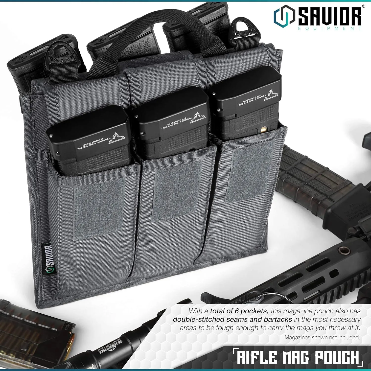 Savior Equipment Tactical Rifle & Pistol Magazine Pouch Carrier for M4 Carbine AR15 AK47 - Up to 6 Extended Mag, Adjustable Padded Shoulder Strap Included