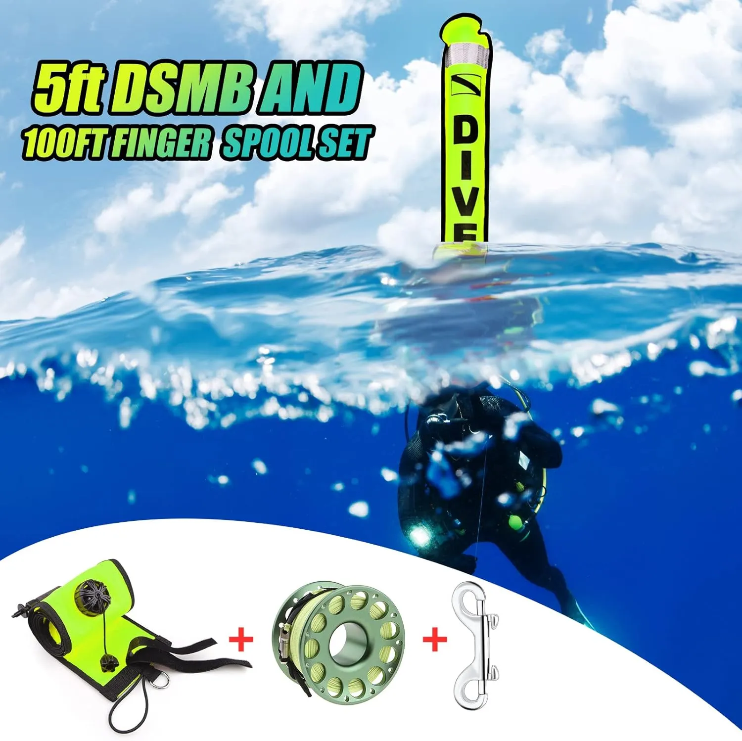 Scuba Surface Marker Buoy (SMB) Set, 5ft Hi-Visibility Reflective Band Open Bottom Safety Sausage with 100ft Alloy Finger Spool Dive Reel and Double-Ended Snap Hook Fits Underwater