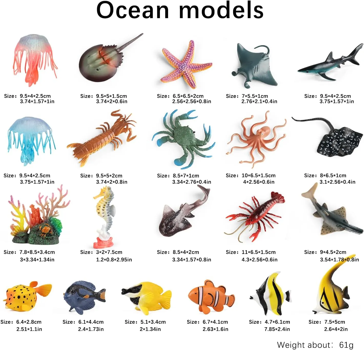 Sea Animals Toys Figures 21Pcs, Plastic Marine Creature Shark Fish Starfish Crab Lobster Octopus Seahorse Coral Jellyfish Ocean Life for Kids Birthday Party Favor Cake Decoration