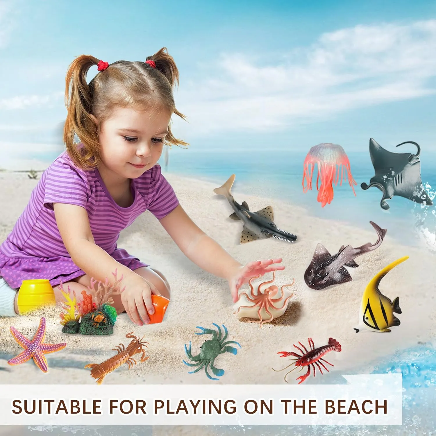 Sea Animals Toys Figures 21Pcs, Plastic Marine Creature Shark Fish Starfish Crab Lobster Octopus Seahorse Coral Jellyfish Ocean Life for Kids Birthday Party Favor Cake Decoration