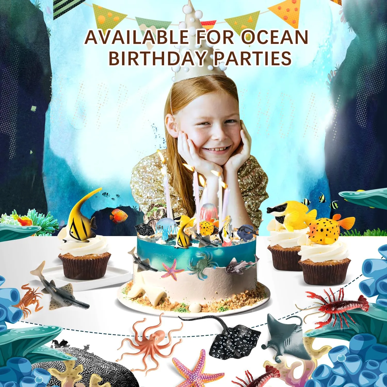 Sea Animals Toys Figures 21Pcs, Plastic Marine Creature Shark Fish Starfish Crab Lobster Octopus Seahorse Coral Jellyfish Ocean Life for Kids Birthday Party Favor Cake Decoration