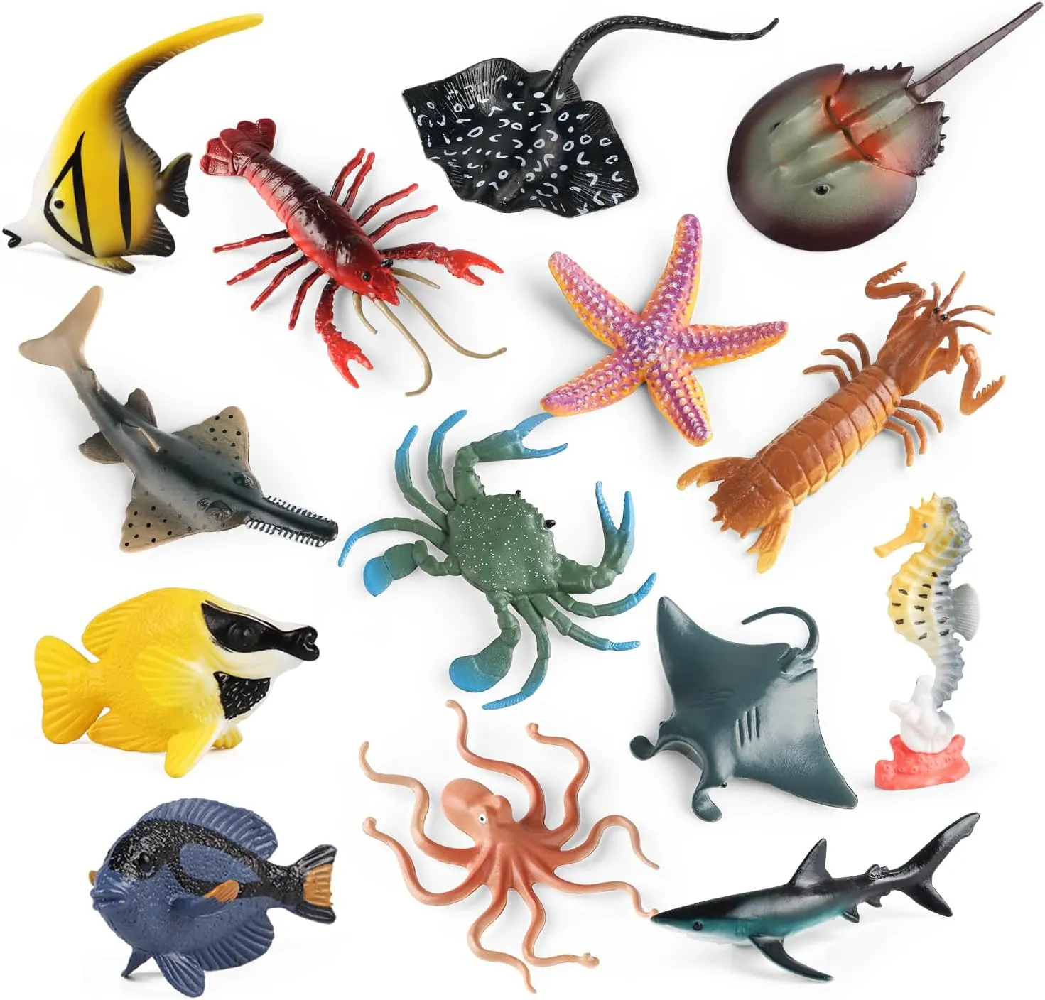 Sea Animals Toys Figures 21Pcs, Plastic Marine Creature Shark Fish Starfish Crab Lobster Octopus Seahorse Coral Jellyfish Ocean Life for Kids Birthday Party Favor Cake Decoration