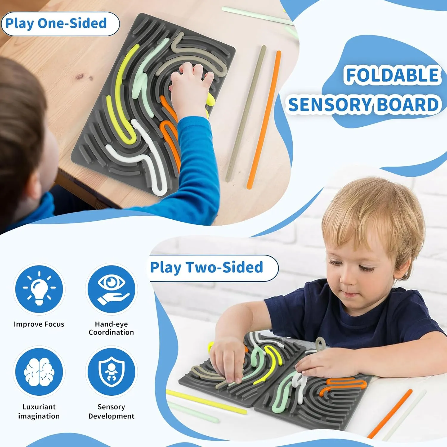 Sensory Activity Board, Foldable Silicone Sensory Fidget Toys for Kids& Adults, Larger Double-Sided Fidget Board for Calming Stress ADHD& Autism, Quiet Mess-Free Toys- Portable Travel Bag& 22 Strings