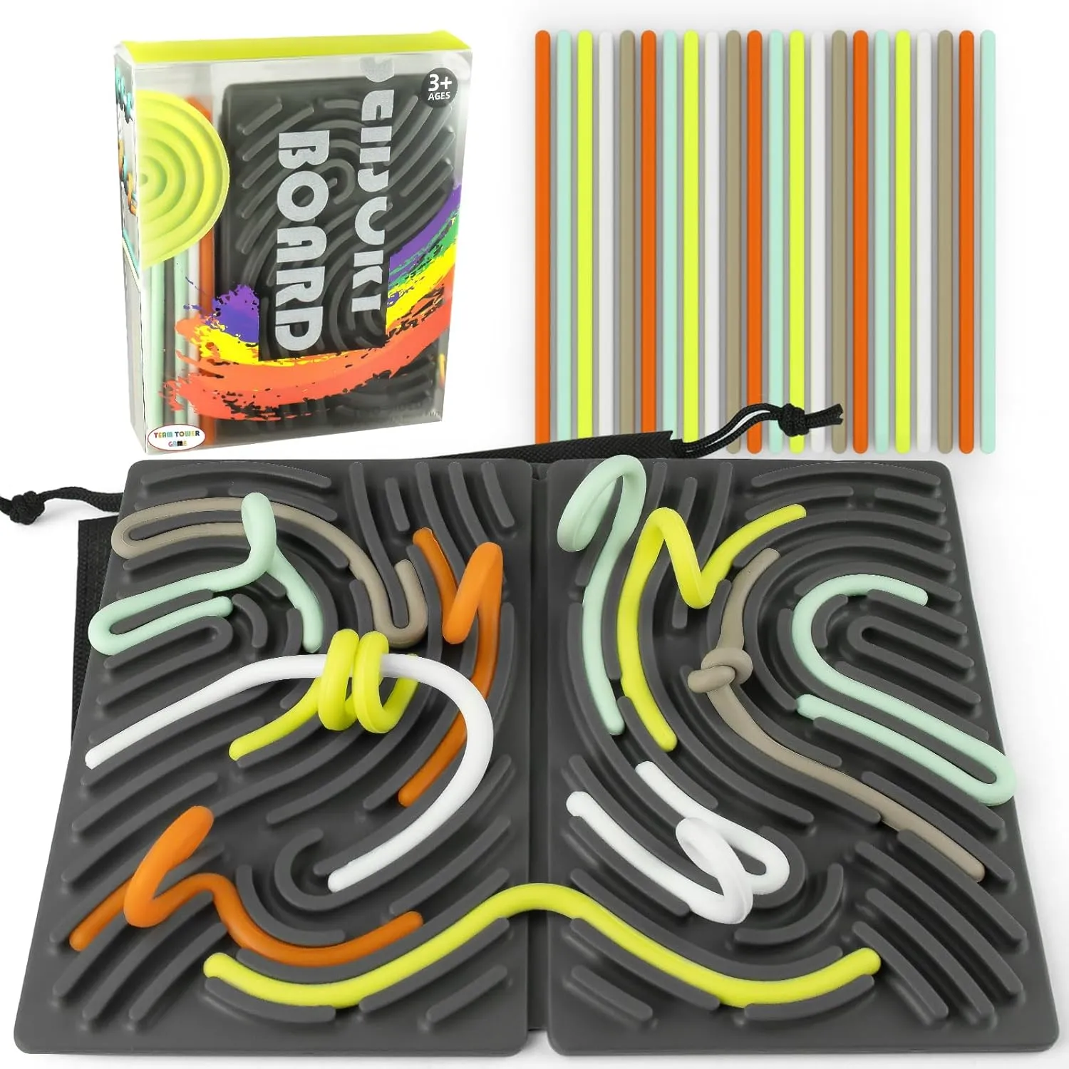 Sensory Activity Board, Foldable Silicone Sensory Fidget Toys for Kids& Adults, Larger Double-Sided Fidget Board for Calming Stress ADHD& Autism, Quiet Mess-Free Toys- Portable Travel Bag& 22 Strings