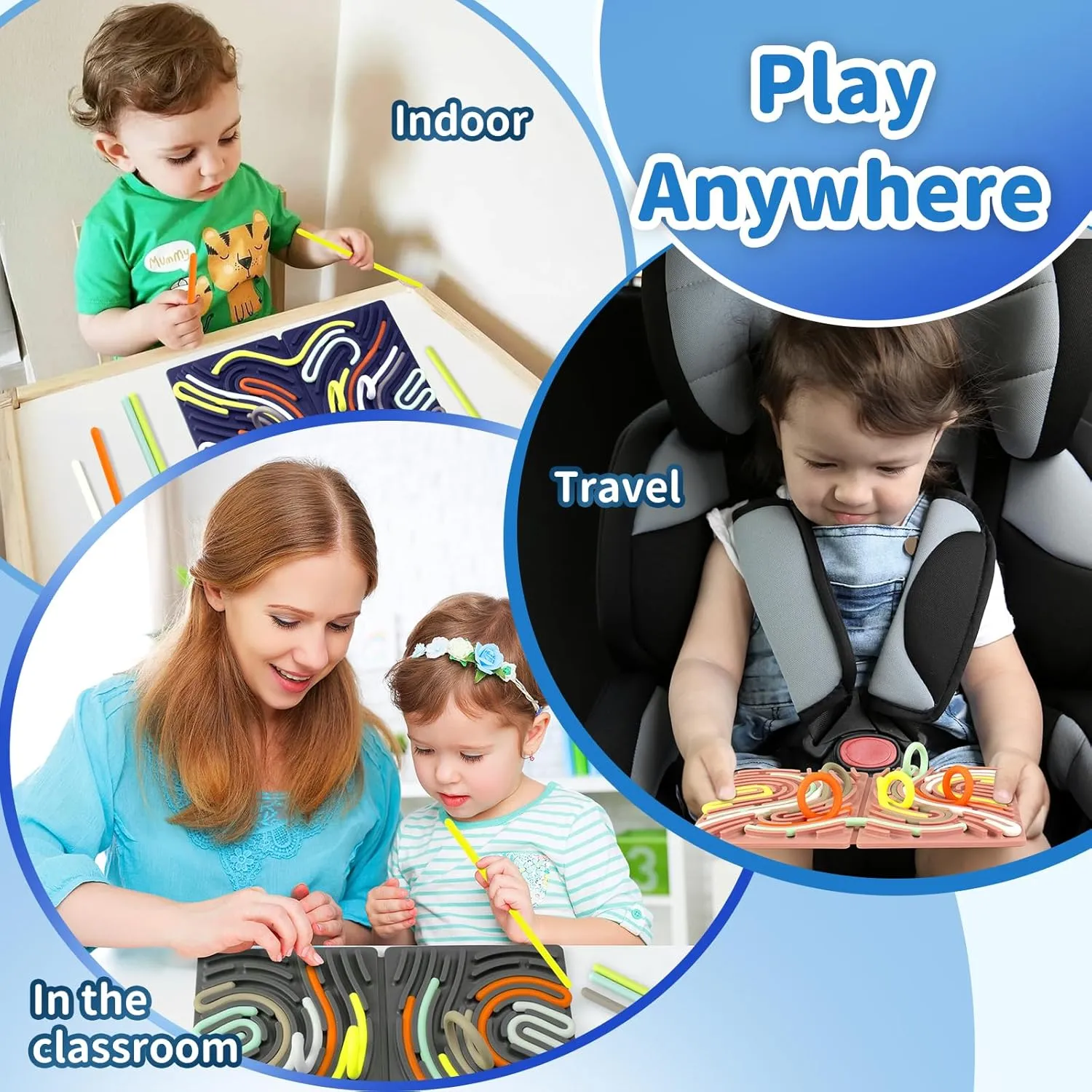 Sensory Activity Board, Foldable Silicone Sensory Fidget Toys for Kids& Adults, Larger Double-Sided Fidget Board for Calming Stress ADHD& Autism, Quiet Mess-Free Toys- Portable Travel Bag& 22 Strings