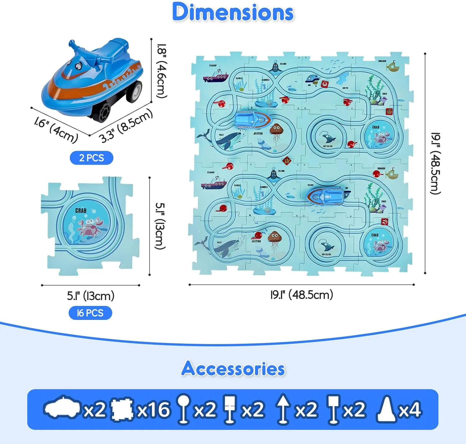 SGILE 16 PCS STEM Road Builder Puzzle for Kids Age 3 , Toddler Race Logical Brain Teaser Maze Board Game with Car, Early Learning Floor Play Set Toys for Boys Girls 3 4 5 6 7 Year Old Gift(Ocean)