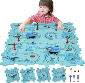 SGILE 16 PCS STEM Road Builder Puzzle for Kids Age 3 , Toddler Race Logical Brain Teaser Maze Board Game with Car, Early Learning Floor Play Set Toys for Boys Girls 3 4 5 6 7 Year Old Gift(Ocean)