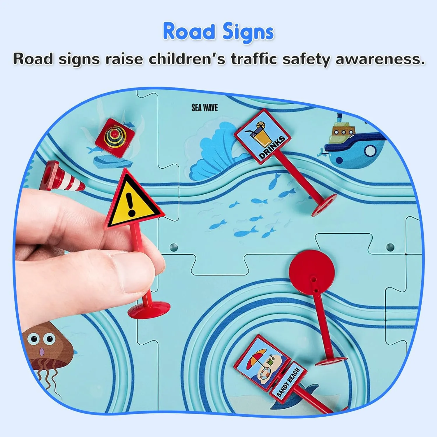 SGILE 16 PCS STEM Road Builder Puzzle for Kids Age 3 , Toddler Race Logical Brain Teaser Maze Board Game with Car, Early Learning Floor Play Set Toys for Boys Girls 3 4 5 6 7 Year Old Gift(Ocean)