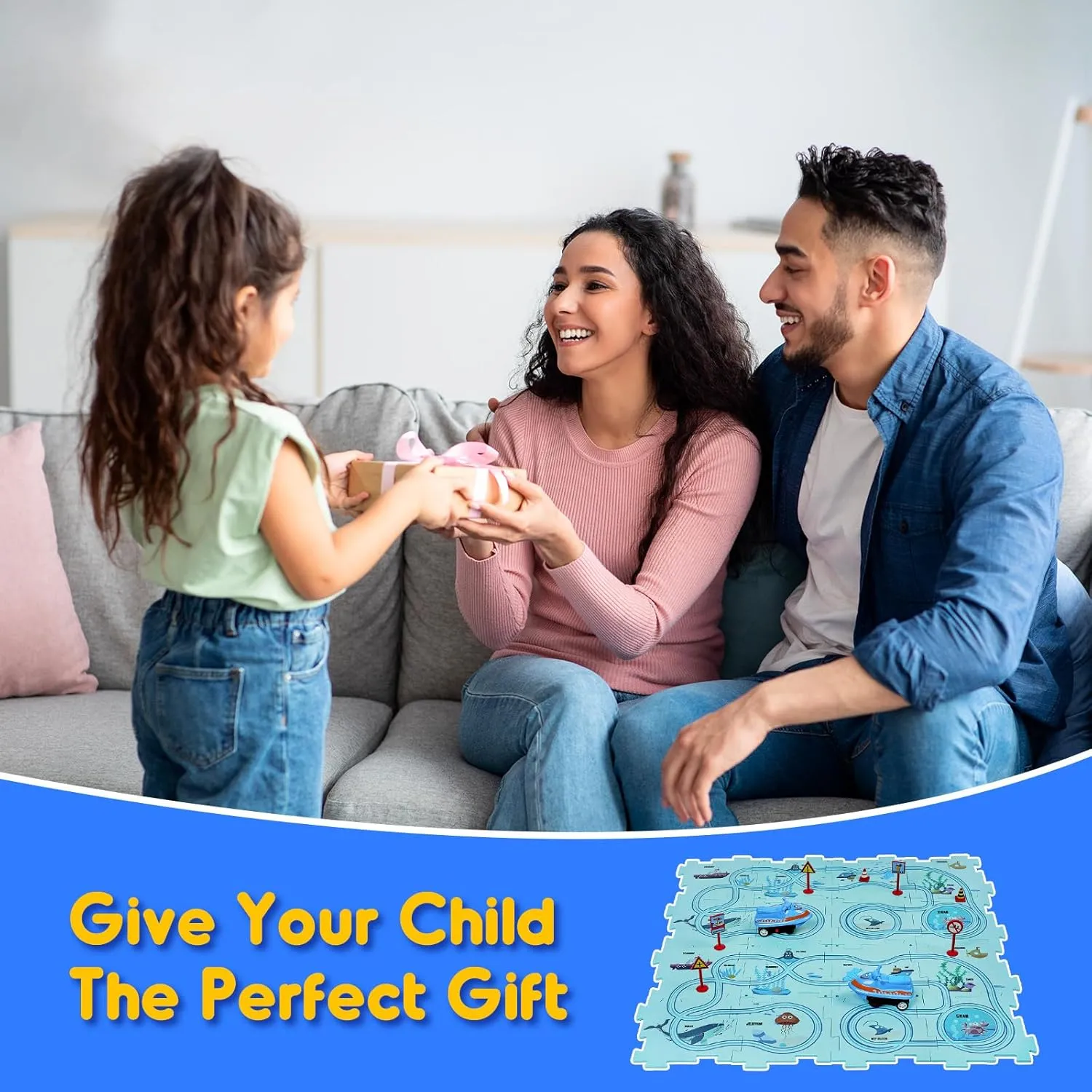 SGILE 16 PCS STEM Road Builder Puzzle for Kids Age 3 , Toddler Race Logical Brain Teaser Maze Board Game with Car, Early Learning Floor Play Set Toys for Boys Girls 3 4 5 6 7 Year Old Gift(Ocean)