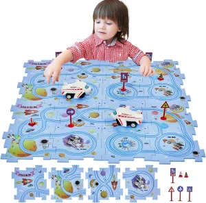 SGILE 16 PCS STEM Road Builder Puzzle for Kids Age 3 , Toddler Race Logical Brain Teaser Maze Board Game with Car, Early Learning Floor Play Set Toys for Boys Girls 3 4 5 6 7 Year Old Gift(Universe)