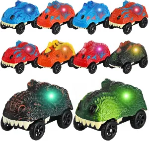 Shappy 10 Packs Dinosaur Track Cars Replacement with 3 Style Flashing LED Lights Dinosaur Race Car Track for Boys Girls Christmas Birthday Party Gifts Supplies, 10 Different Designs