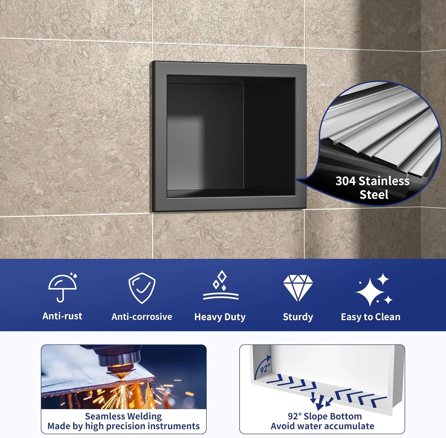 Shower Niche, 304 Stainless Steel Wall Niche Shower Stool for Bathroom, Recessed Shower Footrest w/Over Mount Installation, No Tile Needed (Matte Black, 4.8''x6'')