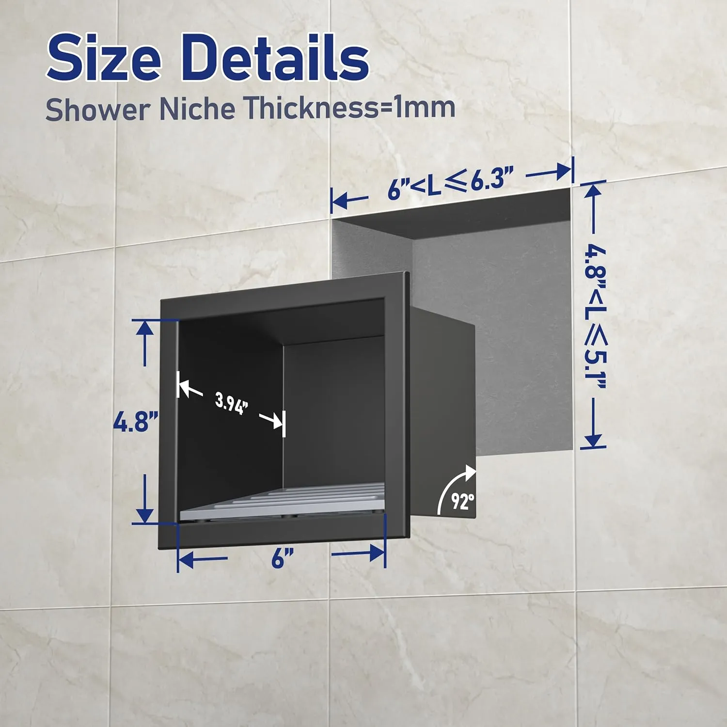 Shower Niche, 304 Stainless Steel Wall Niche Shower Stool for Bathroom, Recessed Shower Footrest w/Over Mount Installation, No Tile Needed (Matte Black, 4.8''x6'')