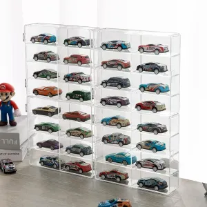 SHUESS Hot 1/64 Scale Matchbox Wheels Toy Car Display Case, 4 Pack Acrylic Matchbox Car Storage Box Holds 32 Toy Cars Storage Organizer, Stackable, Dustproof 6.5 X 7.5 X 1.6 inches
