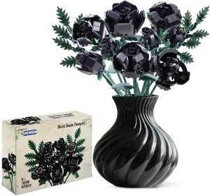 SIENON Black Rose Bouquet Building Set-10pcs Black Roses & 2pcs Leaves Botanical Collection, Artificial Flowers for Gothic Home Halloween Décor, Rose Building Kit for Women Gothy Teens (No Vase)
