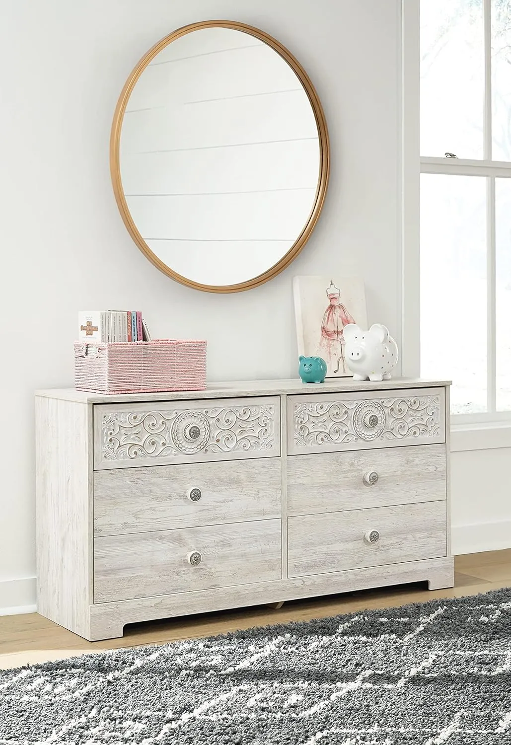 Signature Design by Ashley Paxberry Bohemian 6 Drawer Dresser with Carved Medallion Pattern, White