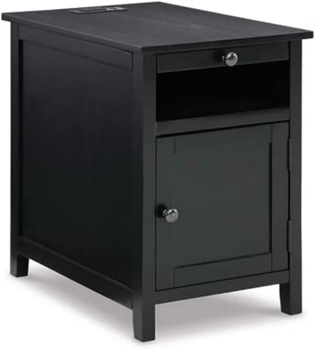 Signature Design by Ashley Treytown Casual Compact Chairside End Table with a Storage Cabinet, Open Cubby Shelf, Pull-Out Tray & USB Charging Ports, Black
