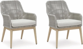 Signature Design by Ashley Seton Creek Cottage Weather Resistant Outdoor Dining Arm Chair with Cushion, Set of 2, Light Brown & Light Gray