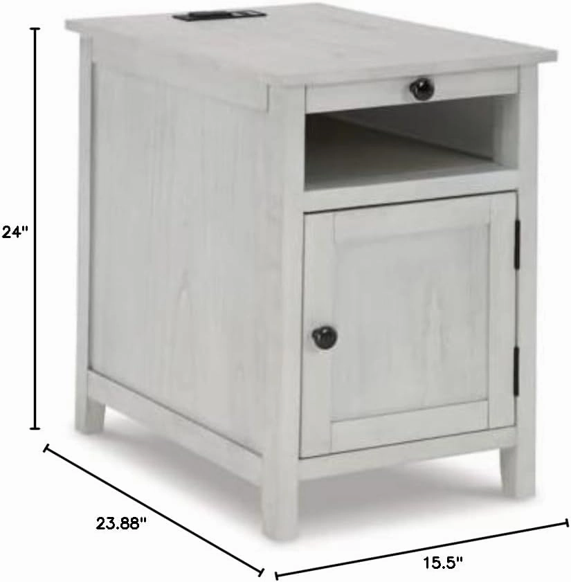 Signature Design by Ashley Treytown Casual Compact Chairside End Table with a Storage Cabinet, Open Cubby Shelf, Pull-Out Tray & USB Charging Ports, Whitewash