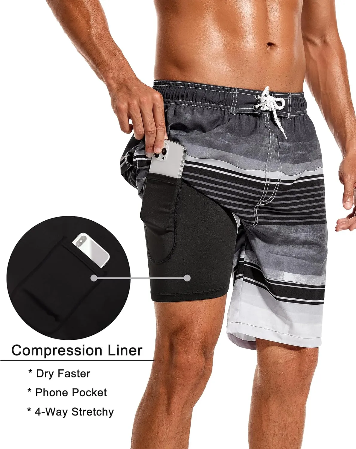 SILKWORLD Mens Swim Trunks with Compression Liner 9" Beach Board Shorts Men 2 in 1 Quick Dry Bathing Suit with Pockets