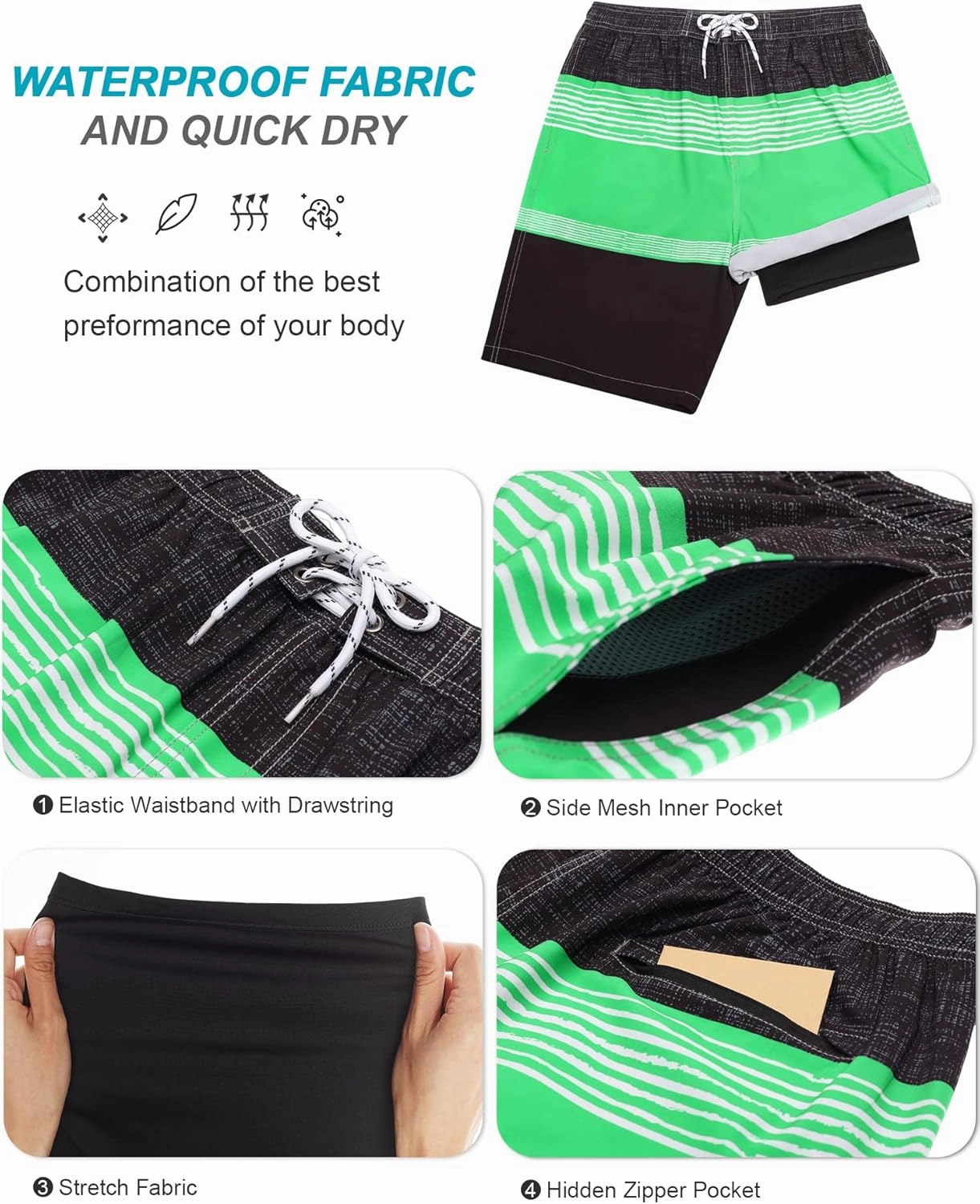 SILKWORLD Mens Swim Trunks with Compression Liner 9" Beach Board Shorts Men 2 in 1 Quick Dry Bathing Suit with Pockets