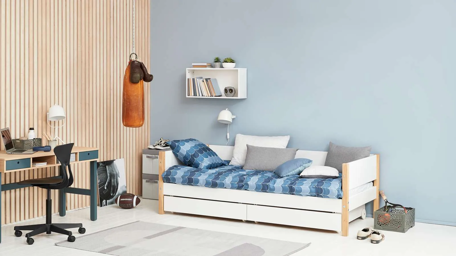 Single Bed with Storage, 90x200 cm, White/Oak