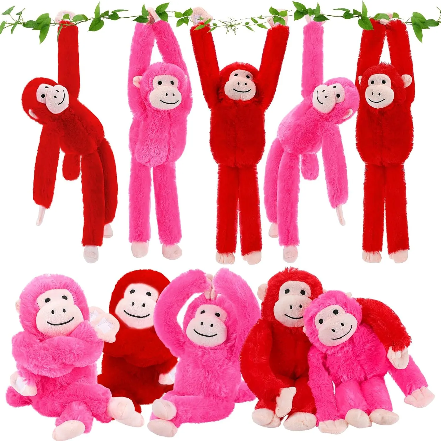 Sinmoe 10 Pack Valentines Stuffed Hanging Monkey Bulk 19.7 Inch Cute Plush Valentines Stuffed Animals Bulk Romantic Monkey Toy Birthday Gift for Girlfriend Lover(Rose red, Red)