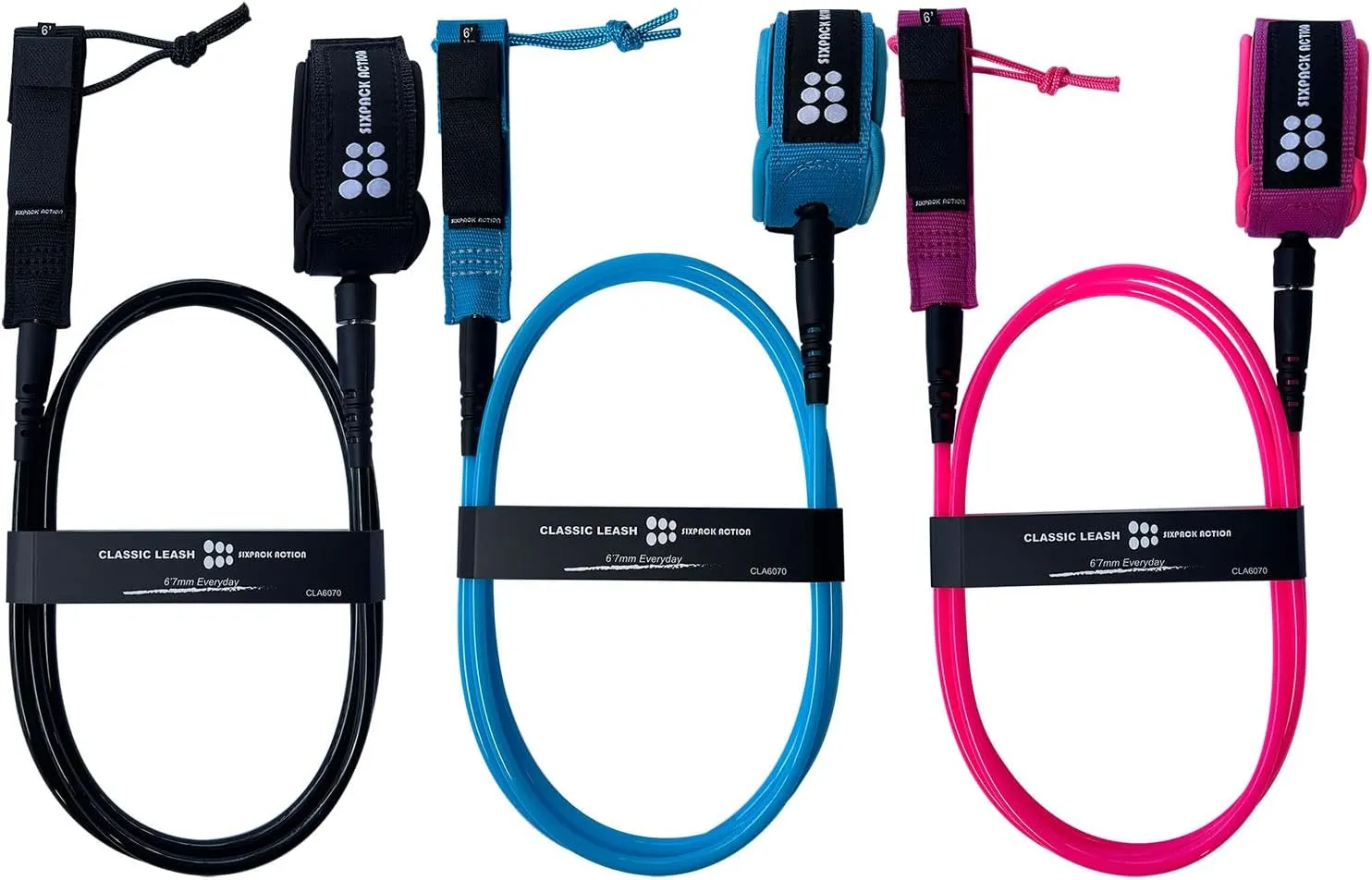 SIXPACK ACTION Classic 6ft/7ft/8ft/9ft Pro Surfboard Leash, Comp Surf Leash, Leg Rope with Superior Anti-Slip Cuff and Flexible Horn Connector