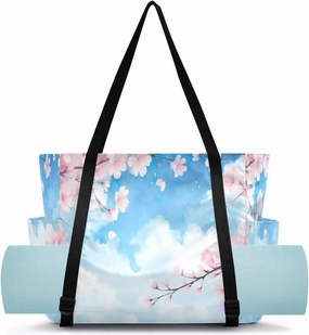 Sky Clould Cherry Bloom Yoga Mat Bag Carrier with Wet Dry Storage Pockets Pilates Bag Large Gym Tote Carryall with Water Bottle Holder for Women Men Travel Accessories
