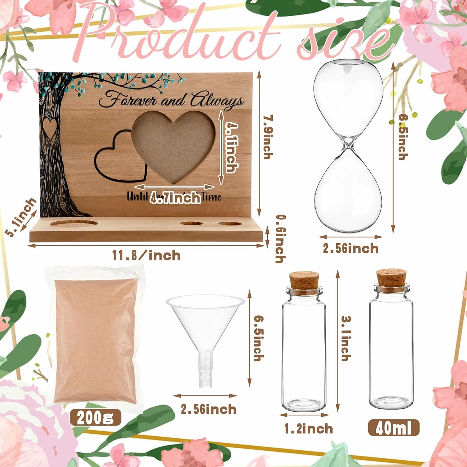 Sliner Unity Sand Ceremony Kit Unity Hour Glass for Wedding Sand Set Wedding with Magnetic Wood Base Hourglass Mini Bottle for Bridal Party Valentine‘s Day(5 Pcs,Classic)