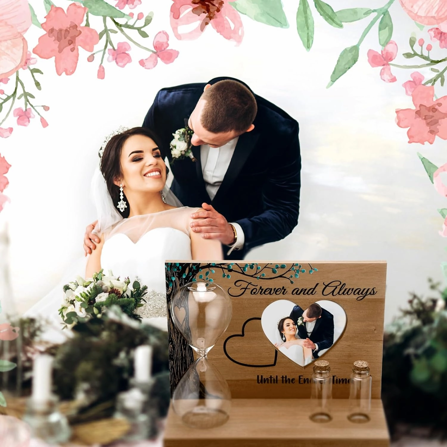 Sliner Unity Sand Ceremony Kit Unity Hour Glass for Wedding Sand Set Wedding with Magnetic Wood Base Hourglass Mini Bottle for Bridal Party Valentine‘s Day(5 Pcs,Classic)