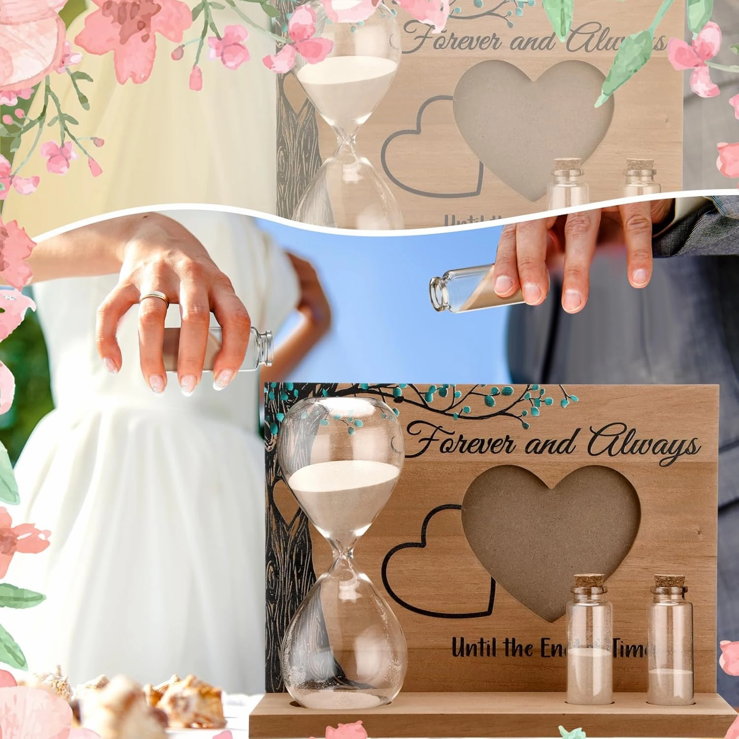 Sliner Unity Sand Ceremony Kit Unity Hour Glass for Wedding Sand Set Wedding with Magnetic Wood Base Hourglass Mini Bottle for Bridal Party Valentine‘s Day(5 Pcs,Classic)