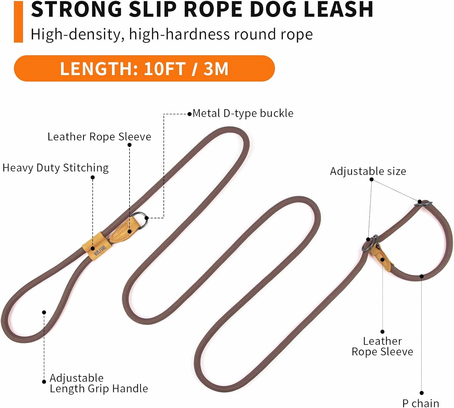 Slip Lead Dog Leash - Heavy Duty Rope Leash with Adjustable Loop and Hands-Free Handle for Training, Walking Active Dogs Brown 3m*Ø12mm