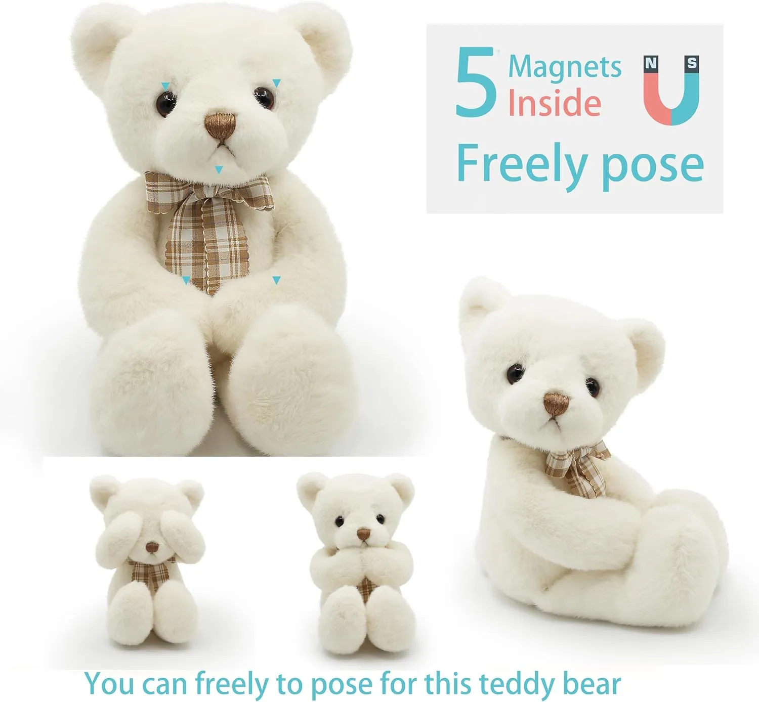 Small Magnet Teddy Bear Stuffed Animal Cute Plush Toy for Girl 12" (White)