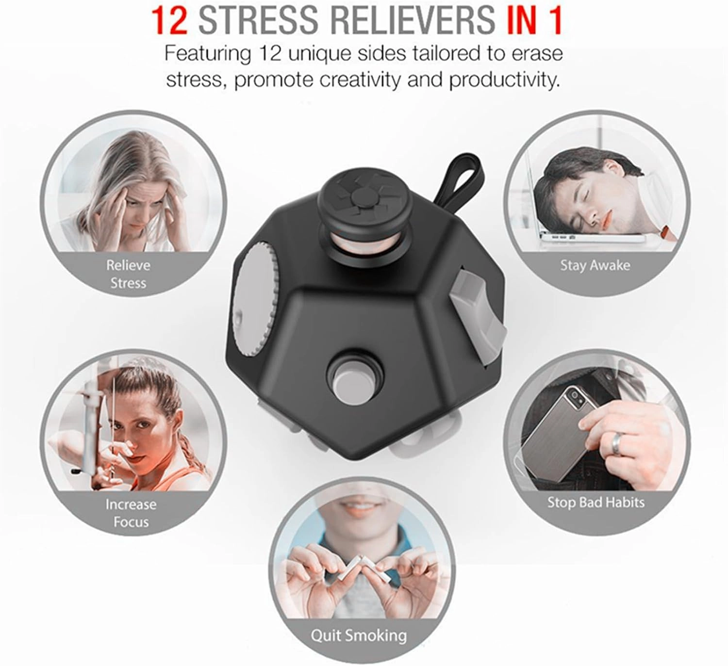 Small Fidget Toys Cube, Small Fidget Toy - 12 Sides Decompression Cube Anti Anxiety and Relief Stress Improve Focus Creative Unique Fidget Toy for Kids and Adults, with Carry Case(Black E1)